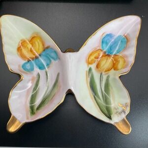 Vintage Butterfly Trinket Dish Porcelain Handpainted Floral Gold Edges Cottage